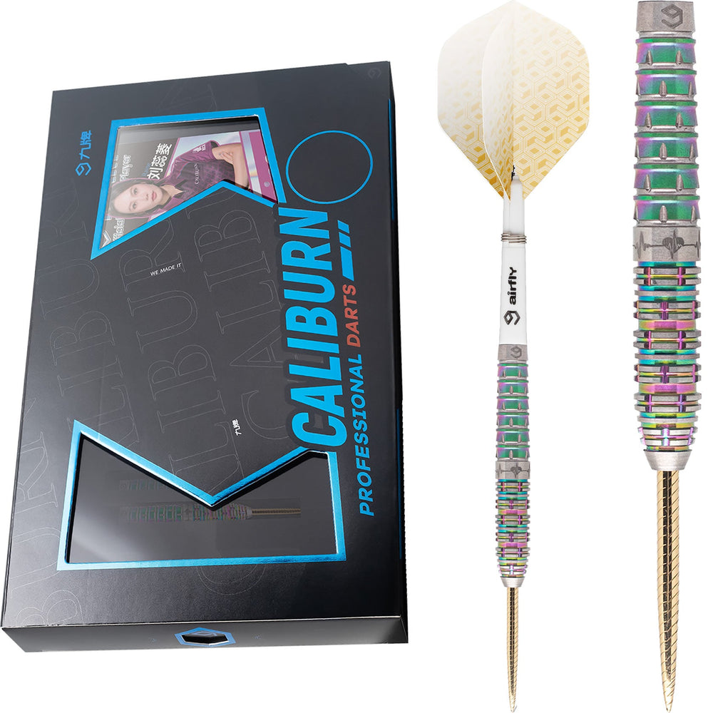 Caliburn Raine Rainbow Coating Steel Tip Darts 95% Tungsten — dart, barrel detail and packaging