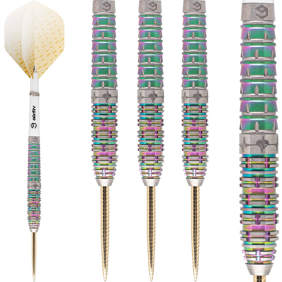 Caliburn Raine Rainbow Coating Steel Tip Darts 95% Tungsten — dart, barrels and grip detail
