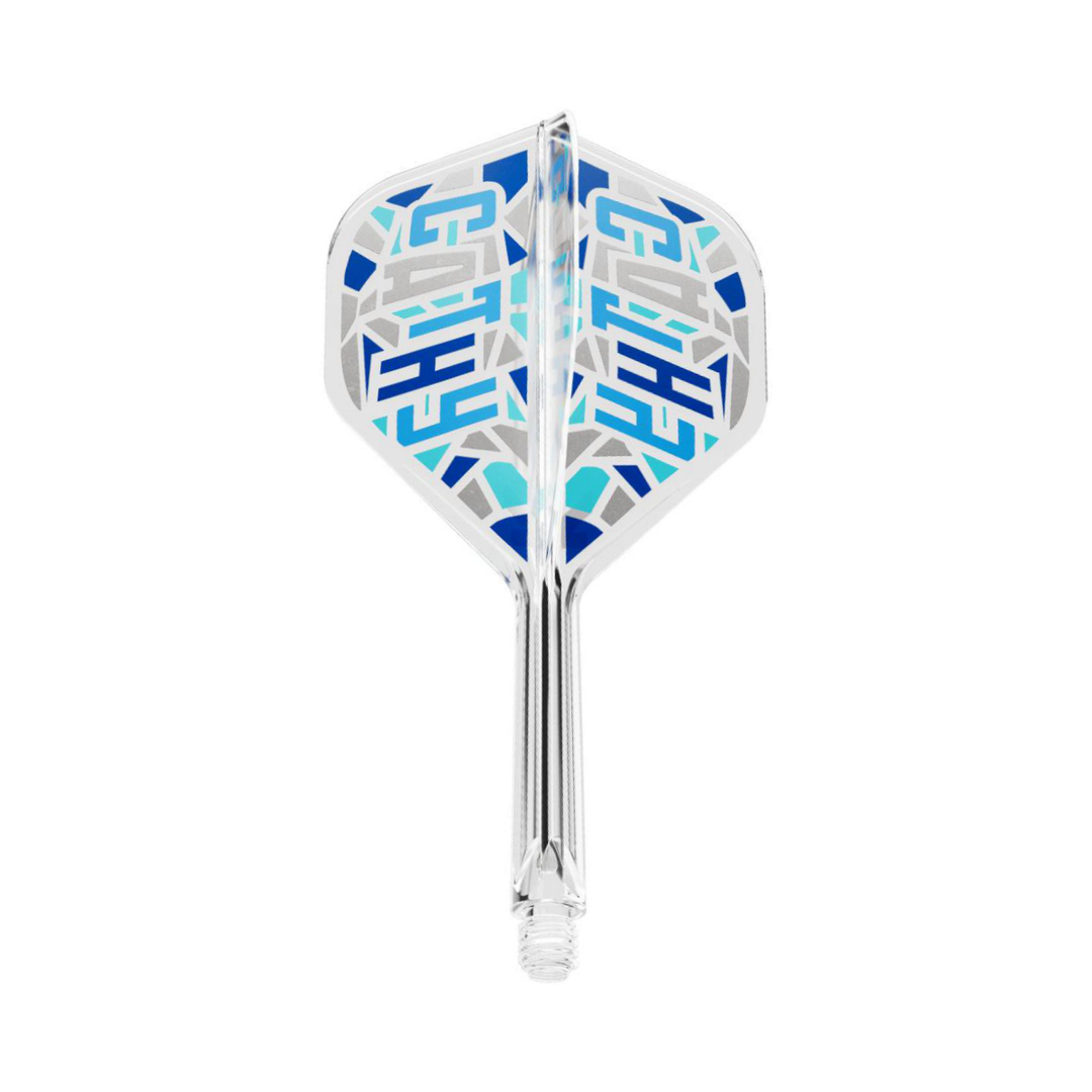 Target Cathy Leung Charis No.2 integrated flight and shaft, one clear, blue and silver design shown on white.