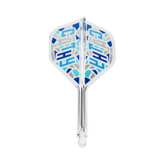 Target Cathy Leung Charis No.2 integrated flight and shaft, one clear, blue and silver design shown on white.