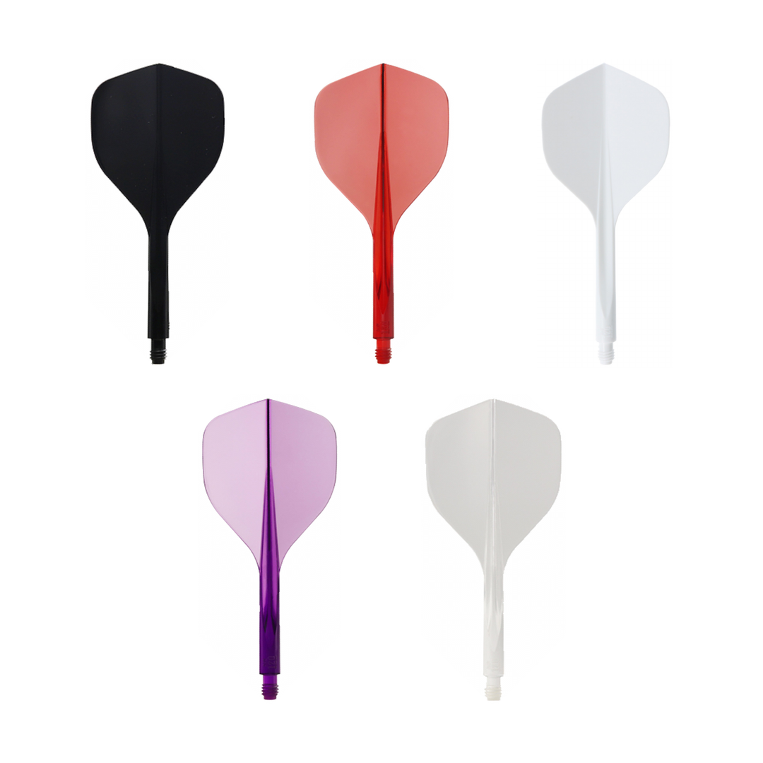 Condor AXE120 Standard integrated flights and shafts in Black, Clear Red, White, Clear Purple and Clear; one of each offered colour shown on white. Colour options sold separately.