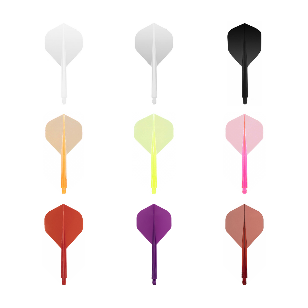 Condor Axe Standard integrated flights and shafts in Clear, White, Black, Orange, Yellow Neon, Pink Neon, Red, Purple and Clear Red; one of each offered colour shown on white. Colour options sold separately.