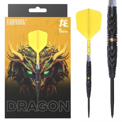 Cuesoul Chinese Zodiac Dragon Steel Tip Darts 90% Tungsten — dart, barrel detail and packaging