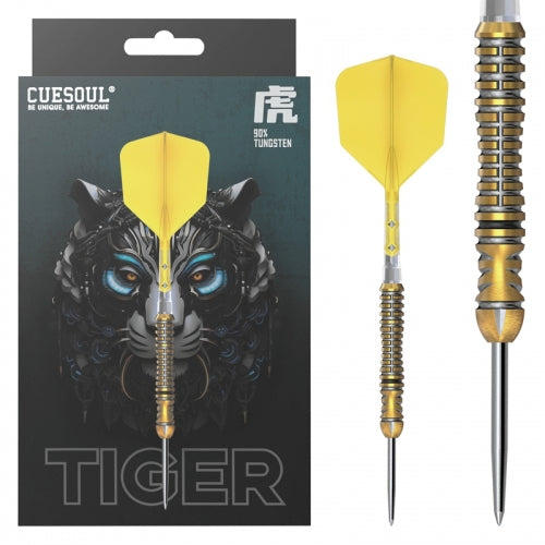 Cuesoul Chinese Zodiac Tiger Steel Tip Darts 90% Tungsten — dart, barrel detail and packaging
