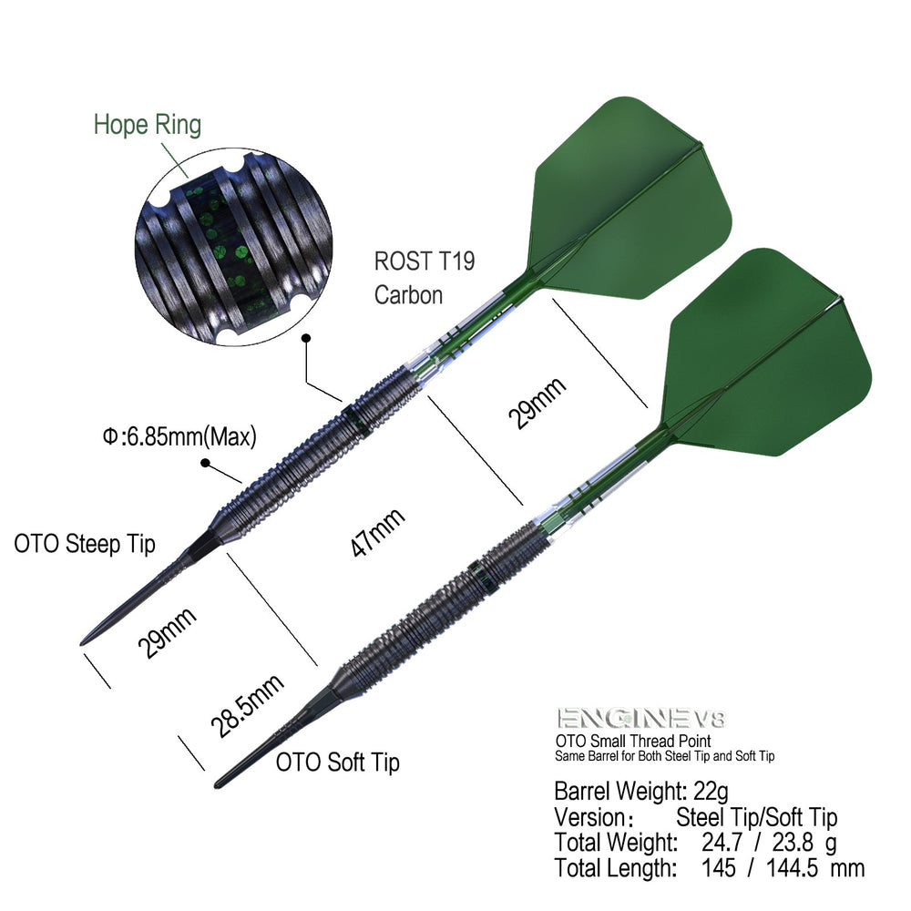Cuesoul Engine V8 22g 90% tungsten steel and soft tip dart dimensions
