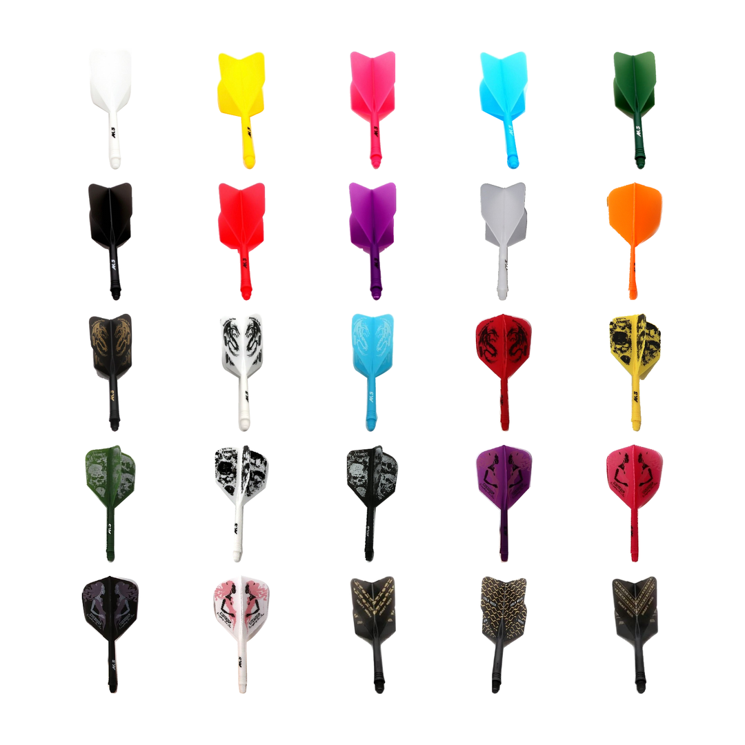 Cuesoul ROST AK5 Big Wing integrated flights and shafts; one complete assembly for each of the 25 offered solid-colour, Dragon, Skeleton, Fancy Girl and beer-design options, shown on white. Options sold separately.