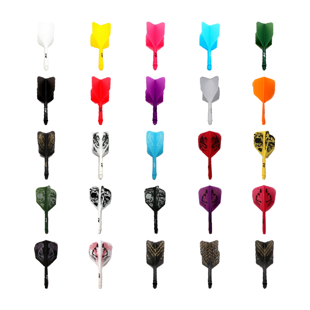 Cuesoul ROST AK5 Big Wing integrated flights and shafts; one complete assembly for each of the 25 offered solid-colour, Dragon, Skeleton, Fancy Girl and beer-design options, shown on white. Options sold separately.