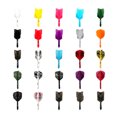 Cuesoul ROST AK5 Big Wing integrated flights and shafts; one complete assembly for each of the 25 offered solid-colour, Dragon, Skeleton, Fancy Girl and beer-design options, shown on white. Options sold separately.