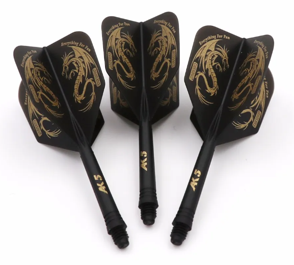 Cuesoul ROST AK5 Dart Shafts Big Wing — three black and gold flights and shafts