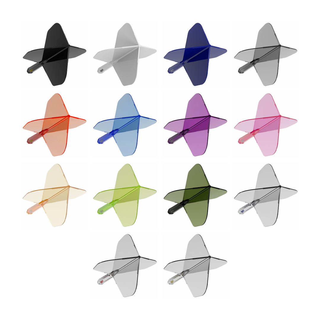 Cuesoul ROST77 Big Standard integrated flights and shafts; one of each of the 14 offered colour and printed-logo options shown on white. Colour options sold separately.