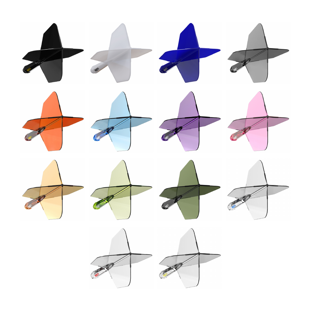Cuesoul ROST77 Big Wing integrated flights and shafts; one of each of the 14 offered colour and printed-logo options shown on white. Colour options sold separately.