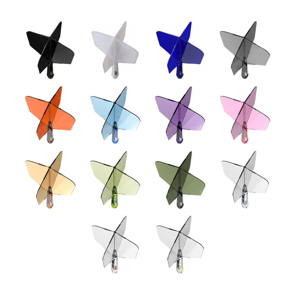 Cuesoul ROST77 Big Wing integrated flights and shafts; one of each of the 14 offered colour and printed-logo options shown on white. Colour options sold separately.