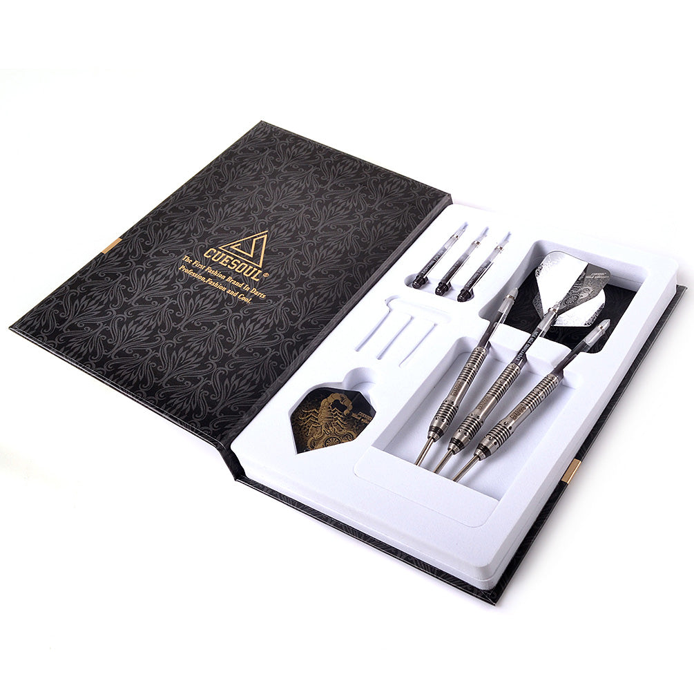 Cuesoul Scorpion Steel Tip Darts 90% Tungsten — darts and accessories in the display tray