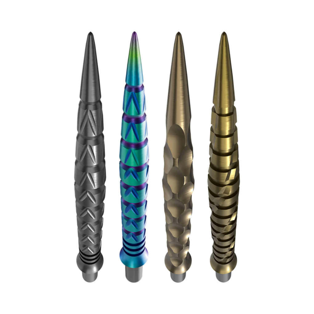 Cuesoul Touch Point II steel tip points in Gun Grey, Multi Colour, Rose Gold and Gold, one of each colour shown vertically; options sold separately.