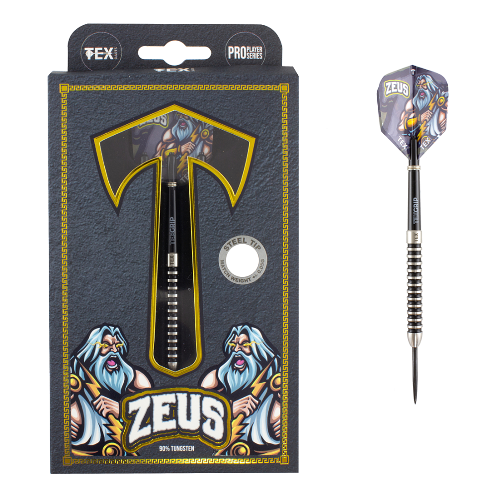 Tex Zeus Steel Tip Darts 90% Tungsten — dart and packaging