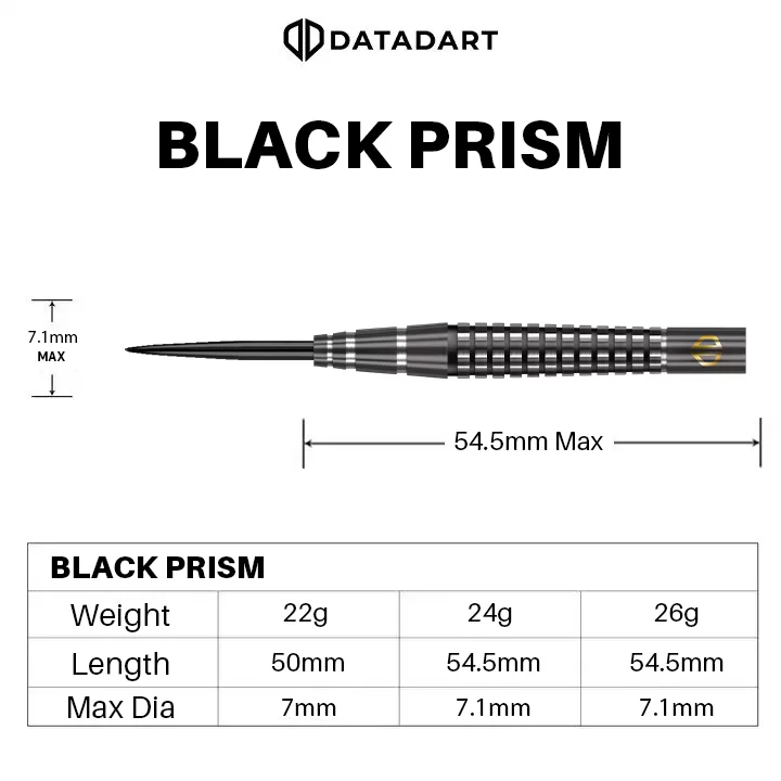Datadart Black Prism Steel Tip Darts 90% Tungsten — barrel dimensions diagram