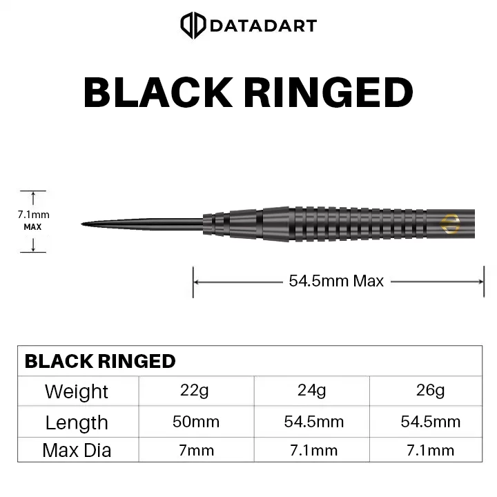Datadart Black Ringed Steel Tip Darts 90% Tungsten — barrel dimensions diagram