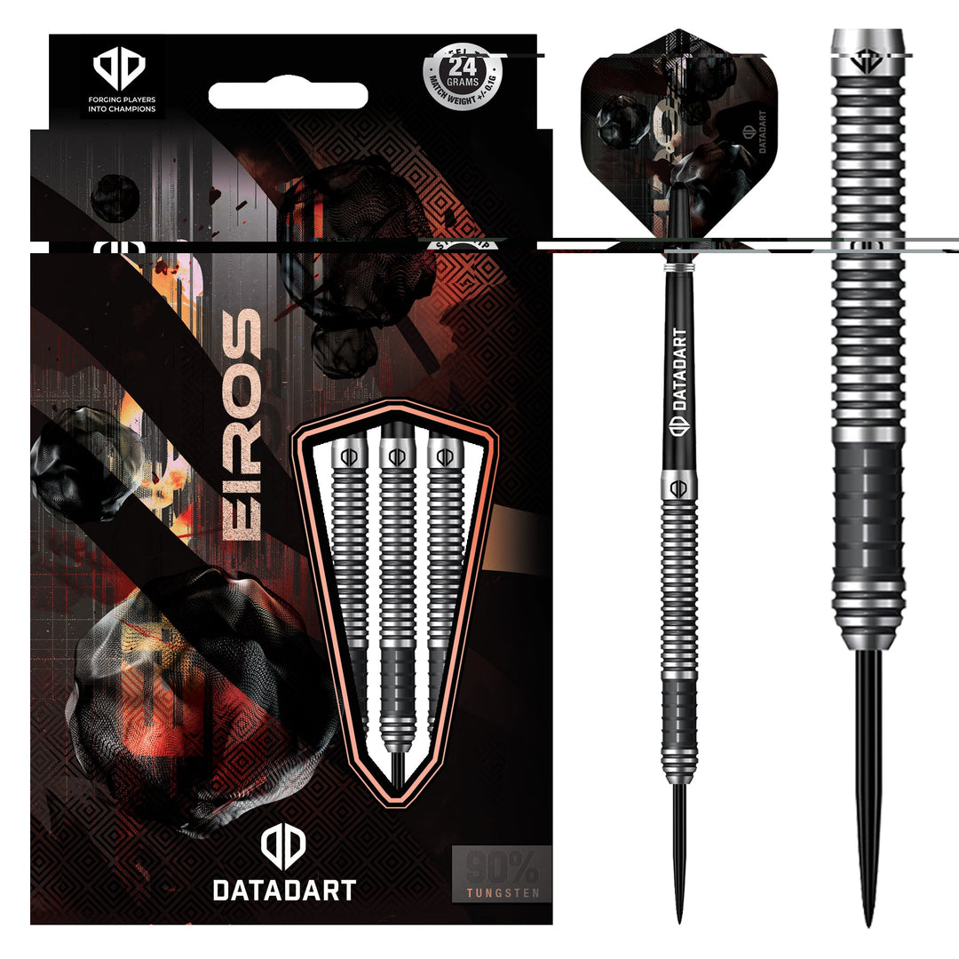 Datadart Eiros Steel Tip Darts 90% Tungsten — dart, barrel detail and packaging