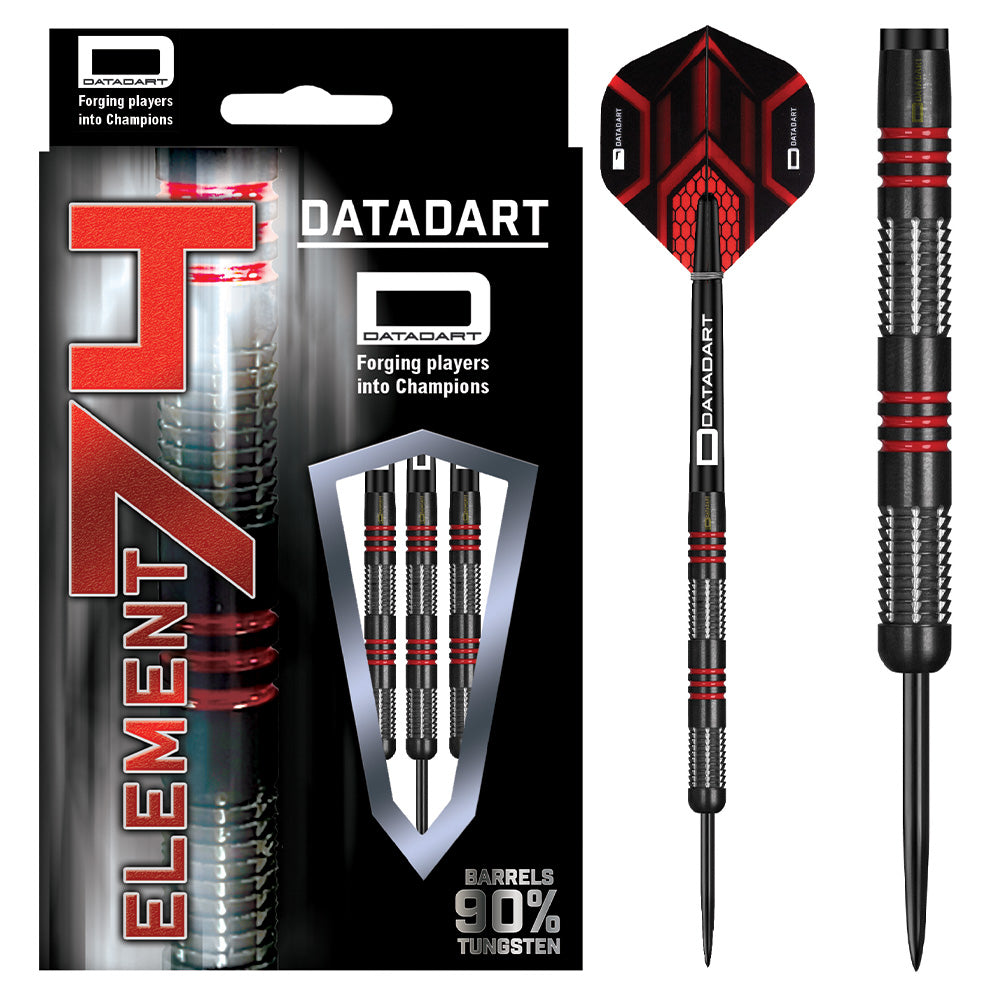 Datadart Element 74 Steel Tip Darts 90% Tungsten — dart, barrel detail and packaging