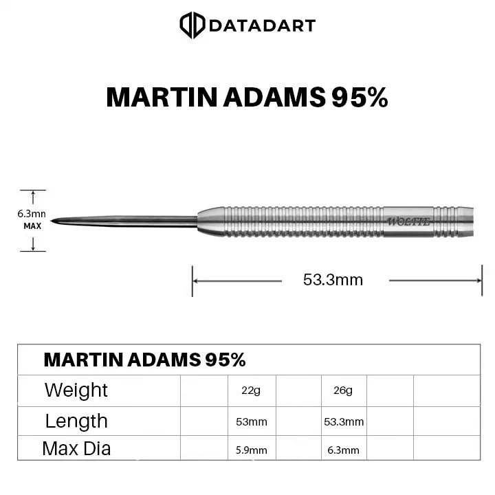 Datadart Martin Adams 95% tungsten steel tip dart dimensions for 22g and 26g