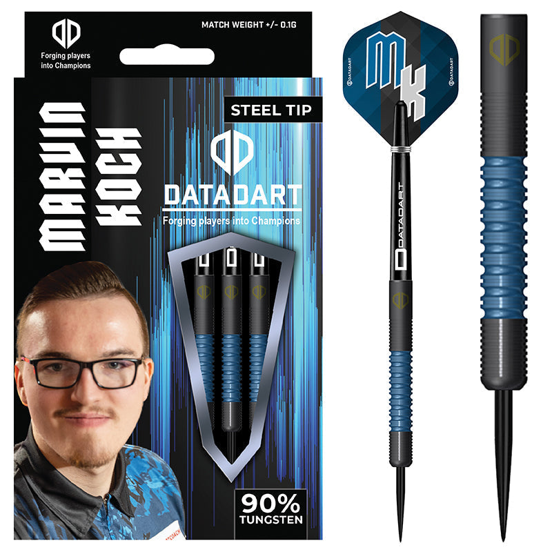 Datadart Marvin Koch Steel Tip Darts 90% Tungsten — dart, barrel detail and packaging