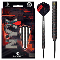 Datadart NYX Steel Tip Darts 90% Tungsten — dart, barrel detail and packaging