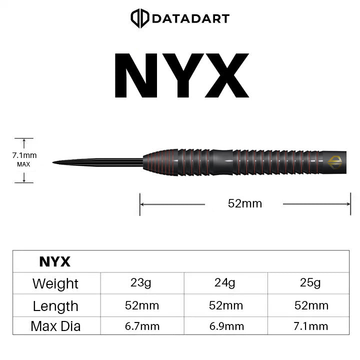 Datadart NYX Steel Tip Darts 90% Tungsten — barrel dimensions diagram