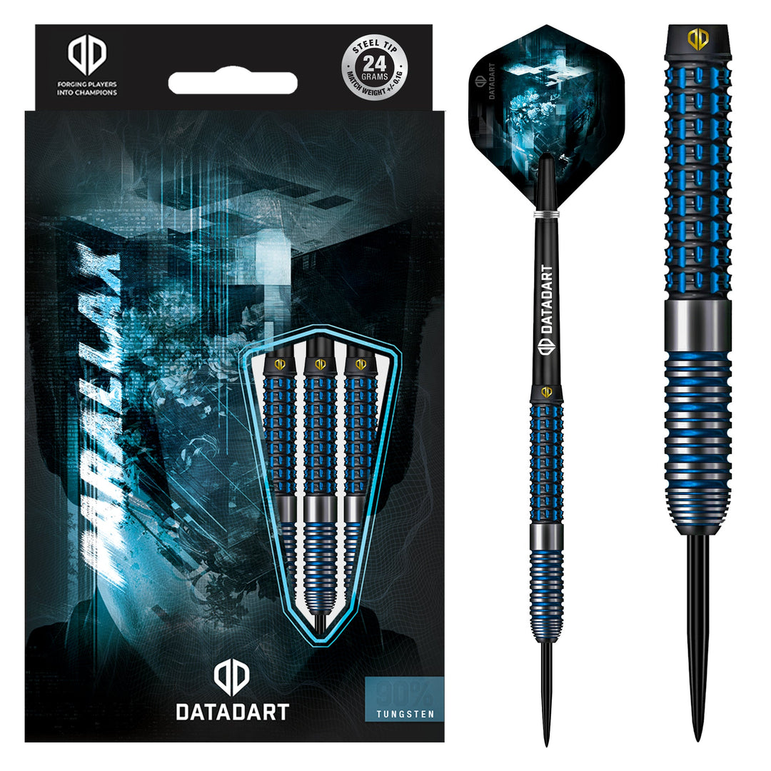 Datadart Parallax Steel Tip Darts 90% Tungsten — dart, barrel detail and packaging