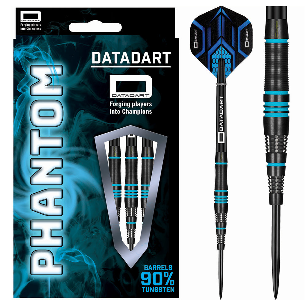 Datadart Phantom Steel Tip Darts 90% Tungsten — dart, barrel detail and packaging