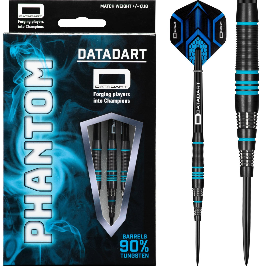 Datadart Phantom Steel Tip Darts 90% Tungsten — dart, barrel detail and packaging