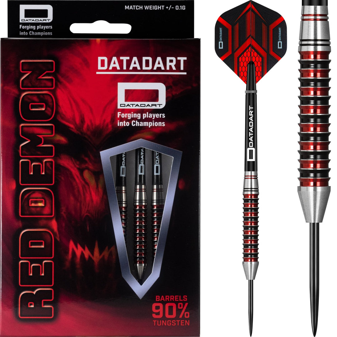 Datadart Red Demon Steel Tip Darts 90% Tungsten — dart, barrel detail and packaging