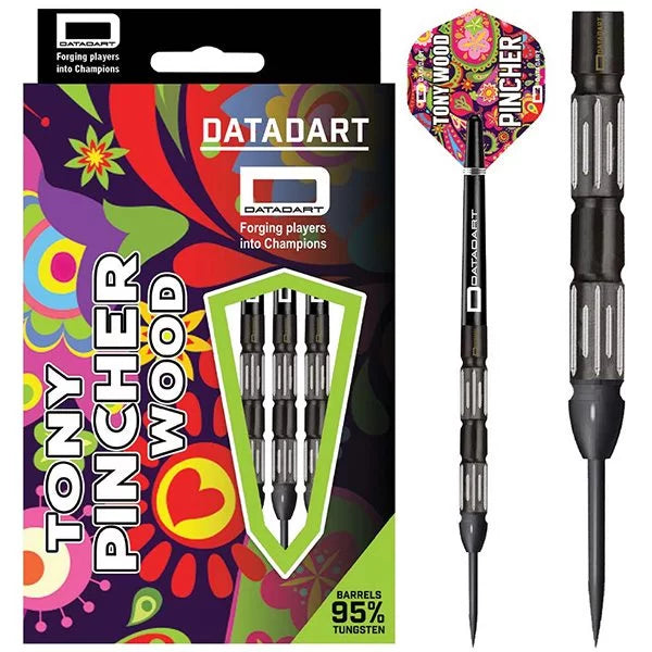 Datadart Tony 'Pincher' Wood Steel Tip Darts 95% Tungsten — dart, barrel detail and packaging