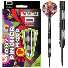 Datadart Tony 'Pincher' Wood Steel Tip Darts 95% Tungsten — dart, barrel detail and packaging