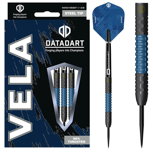 Datadart Vela Steel Tip Darts 90% Tungsten — dart, barrel detail and packaging