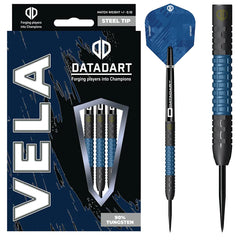 Datadart Vela Steel Tip Darts 90% Tungsten — dart, barrel detail and packaging