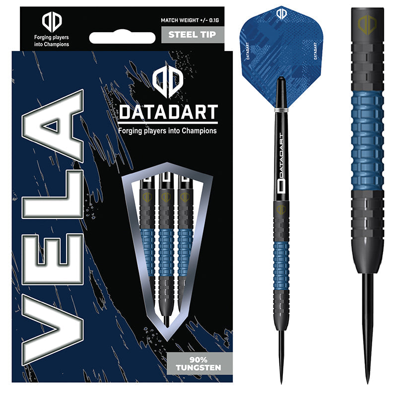 Datadart Vela Steel Tip Darts 90% Tungsten — dart, barrel detail and packaging