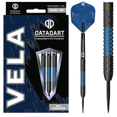 Datadart Vela Steel Tip Darts 90% Tungsten — dart, barrel detail and packaging