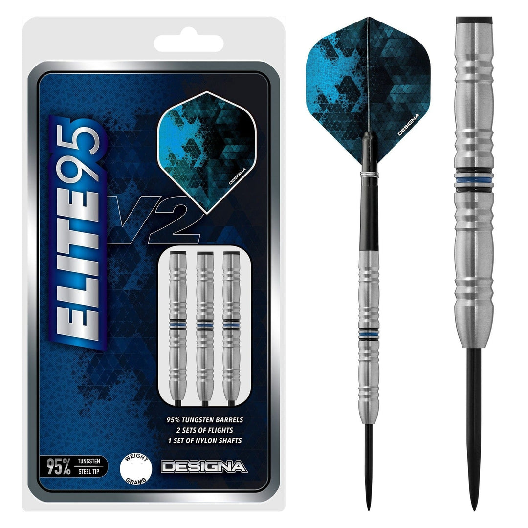 Designa Elite 95 V2 M2 21g steel tip darts set with packaging
