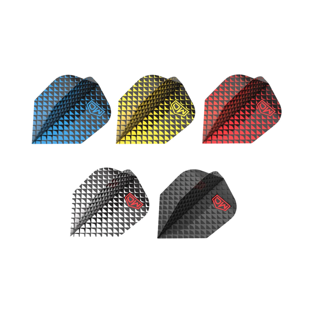 DW Darts Altitude Dart Flights - Standard No.6 in Black, White, Red, Yellow, Blue; one of each colour shown, matching-colour packs sold separately.