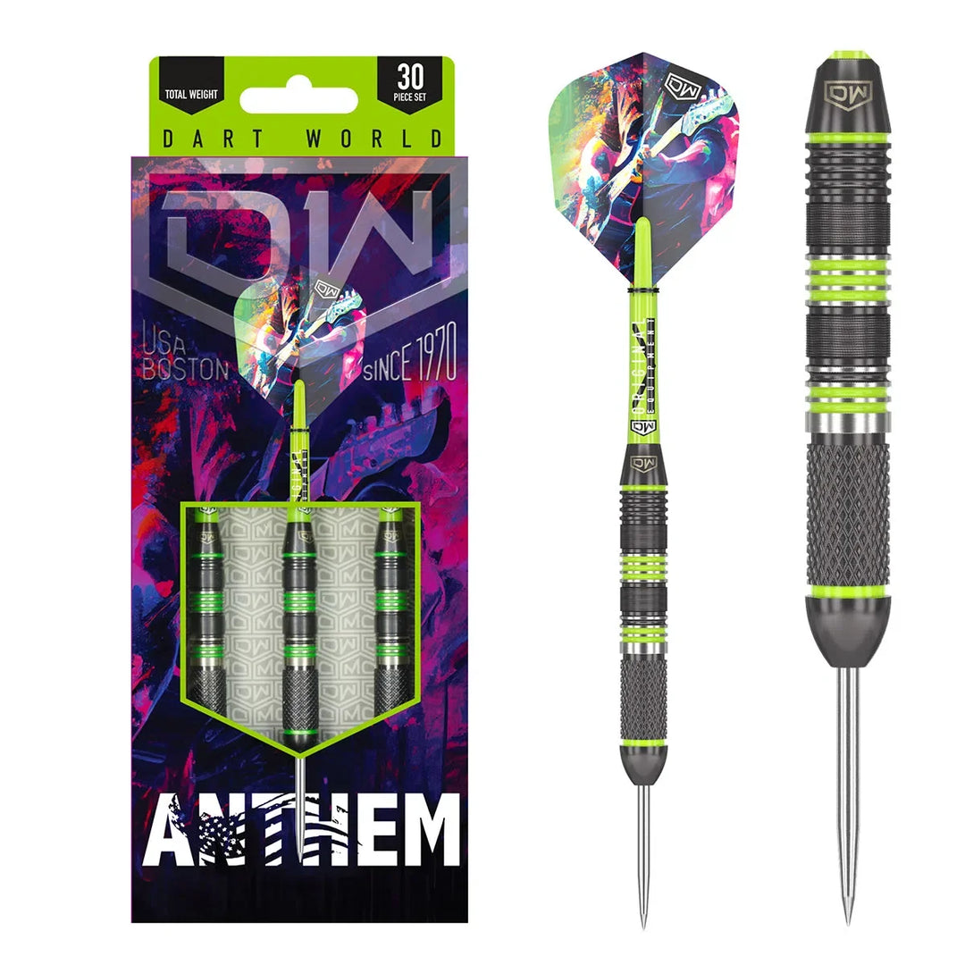 DW Darts Anthem Stainless Steel — dart, barrel detail and packaging