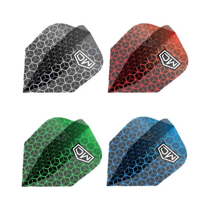 DW Darts Avenger 02 Dart Flights - Standard No.6 in Red, Black, Blue, Green; one of each colour shown, matching-colour packs sold separately.