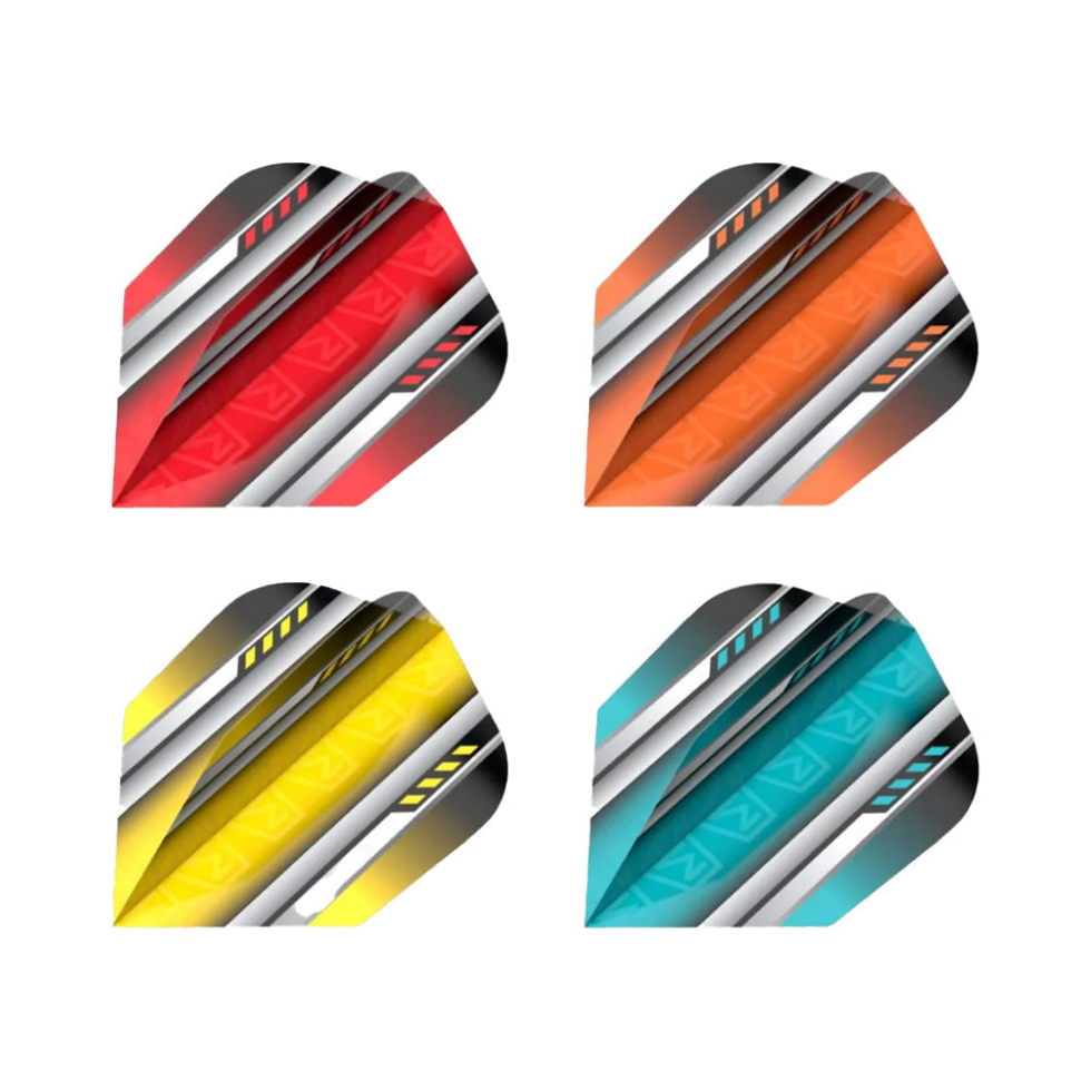 DW Darts Aviator Dart Flights - Standard No.6 in Red, Orange, Yellow, Aqua; one of each colour shown, matching-colour packs sold separately.