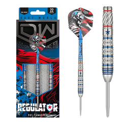 DW Darts Regulator Steel Tip Darts 90% Tungsten — dart, barrel detail and packaging