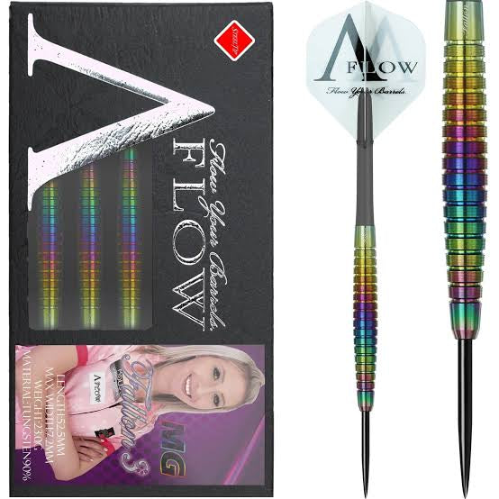 Dynasty Fallon Sherrock Rainbow 90% tungsten dart, rainbow barrel close-up and packaging