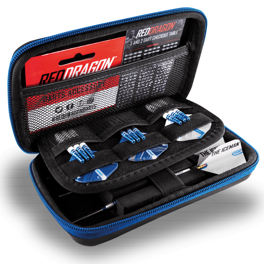 Red Dragon Gerwyn Price "Iceman" Darts Case — open case with darts and accessories