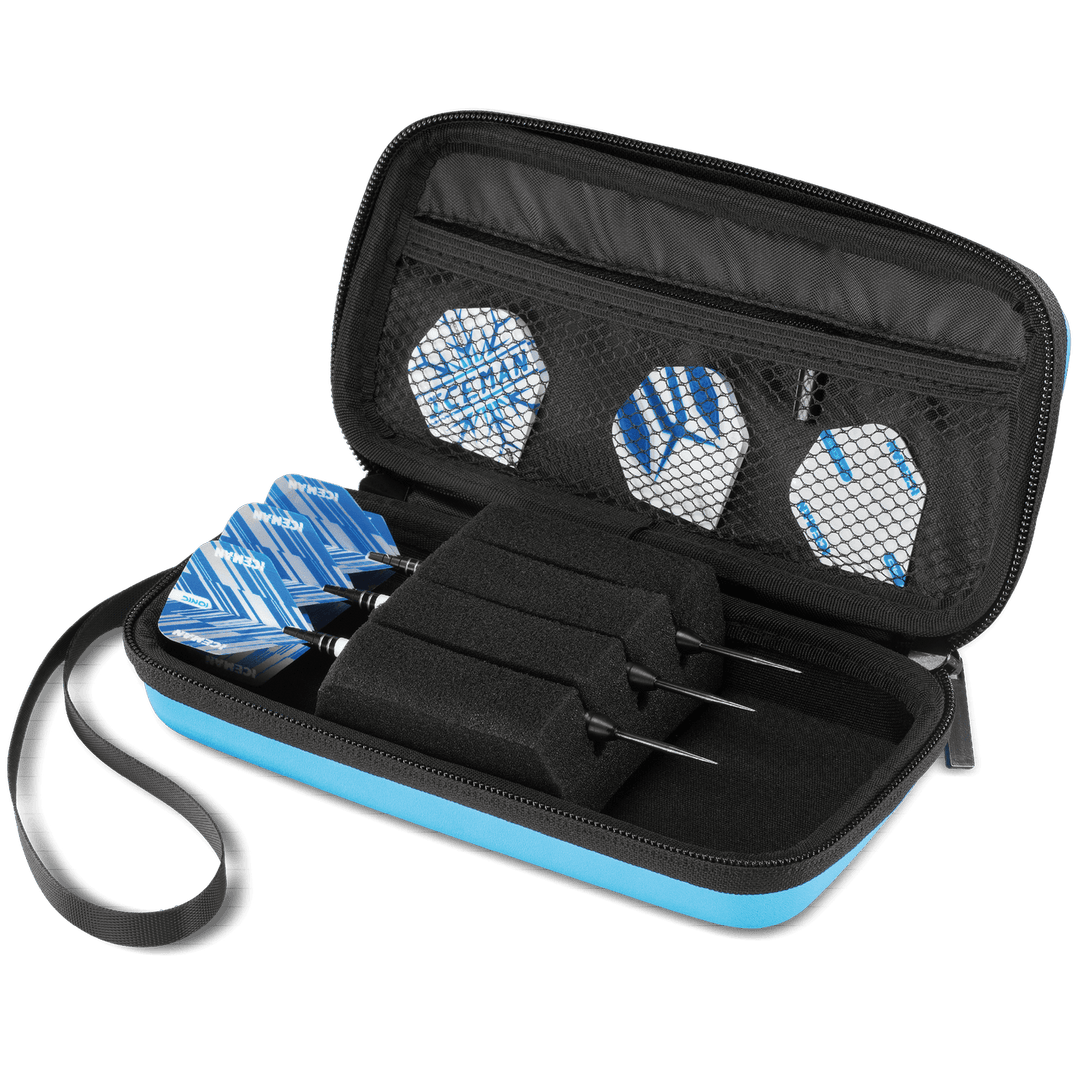 Red Dragon Monza dart case — open blue case with darts and accessories