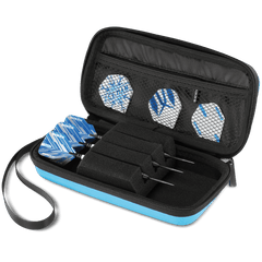 Red Dragon Monza dart case — open blue case with darts and accessories