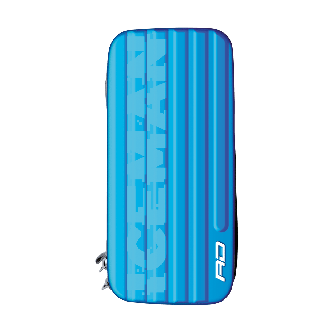 Red Dragon Monza dart case — blue case, top view