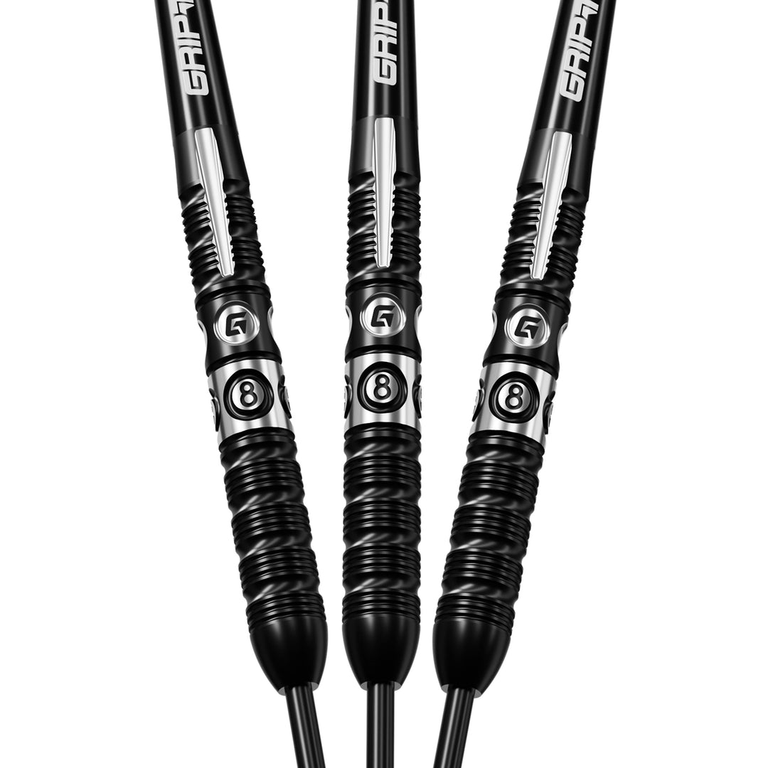 GOAT 8-Ball 90% tungsten steel tip darts angled full-set view