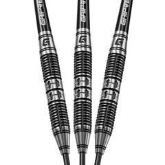 GOAT Dumbbell 90% tungsten steel tip darts angled full-set view